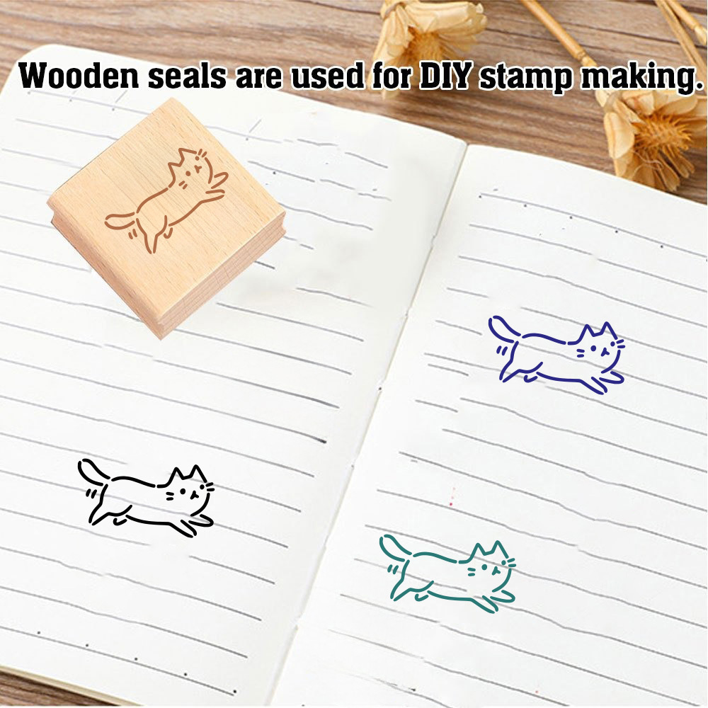 Cute Running Kitten Square Wooden Rubber Stamp for DIY Projects